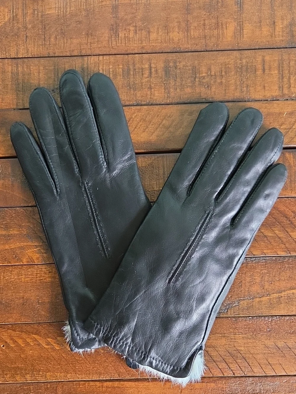 Overland Rabbit Fur Lined Black Leather Gloves Size 7.5